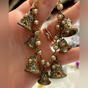 Vintage Gold Tone Bell Charm Bracelet with Multicolor Accents